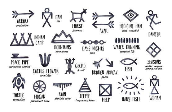 Native American Symbols collection (arrow, man, horse, mountain, war, cactus flower, house, desert, camp, rain, season, dance, journey, gecko). Handdrawn watercolour graphic paint on white background.