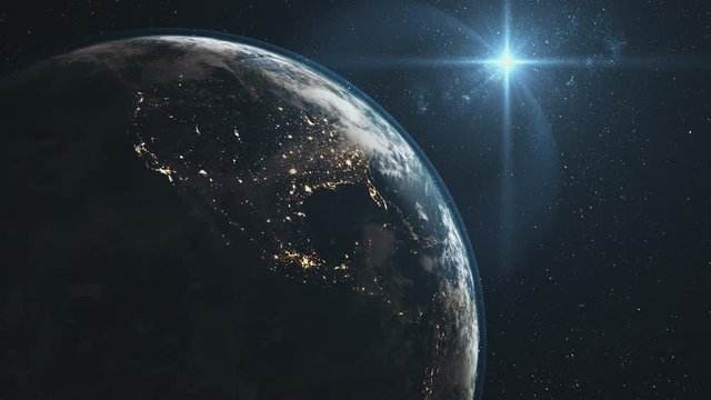 Majestic Earth Zoom In Orbit Starry Background. Planet Rotate Surface Star Light Glow Outer Space Deep Universe Exploration Concept 3D Animation 4k. Elements of this Media Furnished by NASA