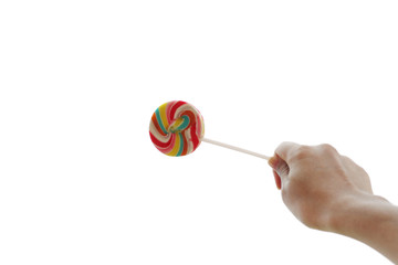 woman hand with colorful lollipop isolated on white background