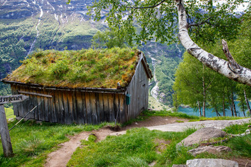 Wooden hut at Vesterasfjellet view point at Geiranger Fjord, Norway