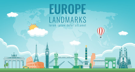 Travel composition with famous Europe landmarks. Travel and Tourism concept. Vector