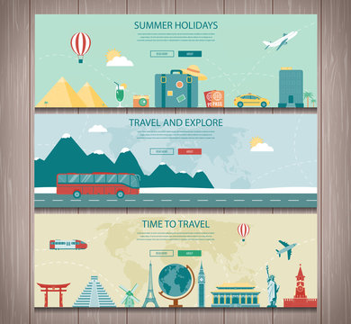 Travel composition with world landmarks and travel equipment. Travel and Tourism. Concept website template. Vector illustration