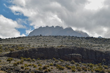 The highland desert against the background of Mawenzi Peak, Mount Kilimanjaro, Tanzania