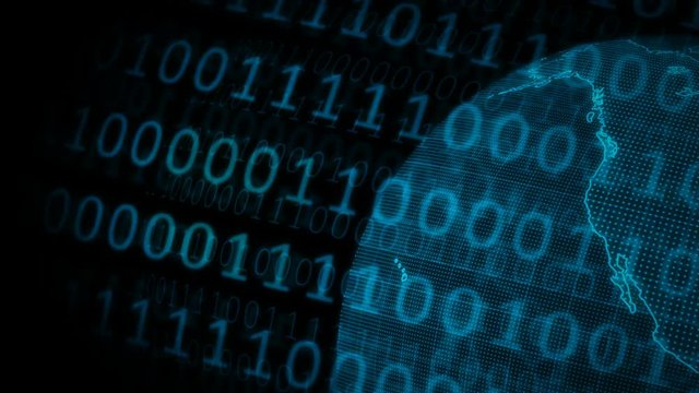 Digital planet Earth. Zoom in 3D animation with rotating globe at Binary code background. Abstract global digital technology concept.