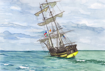 Watercolor painting - Sailer at the sea