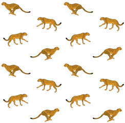 Vector seamless pattern of black line hand drawn yellow orange cheetah silhouette isolated on white background