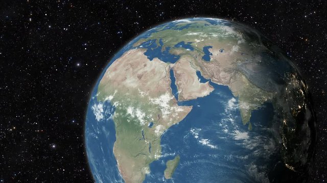 Planet earth from space. World globe spinning slowly animation. Camera over Indian Ocean and Africa.