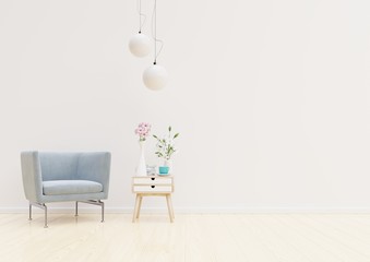 Living Room Interior with chair, plants, cabinet and lamp on empty white wall background ,3D rendering
