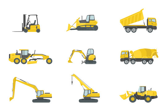 heavy truck construction set collections with yellow color and various type - vector