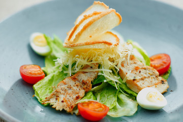 Gourmet Caesar Salad on a turquoise plate close-up. Caesar salad composed by the chef in a restaurant.
