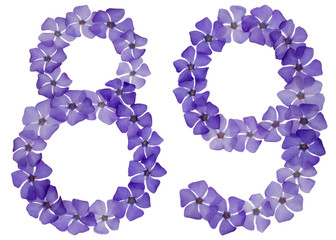 Numeral 89, eighty nine, from natural blue flowers of periwinkle, isolated on white background
