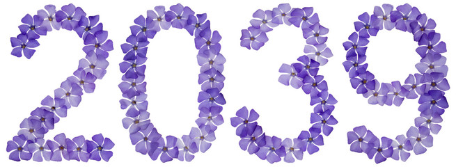 Inscription 2039, from natural blue flowers of periwinkle, isolated on white background