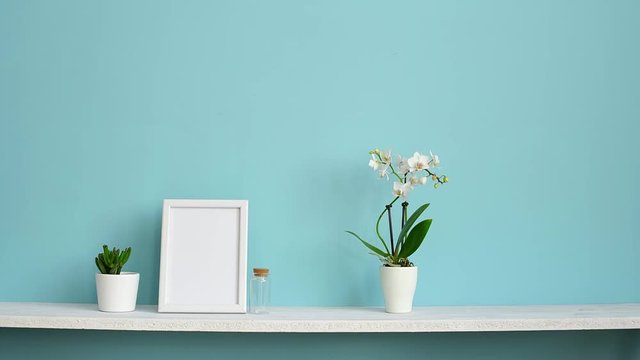 Picture frame mockup. White shelf against pastel turquoise wall with potted orchid and hand picking up succulent plant