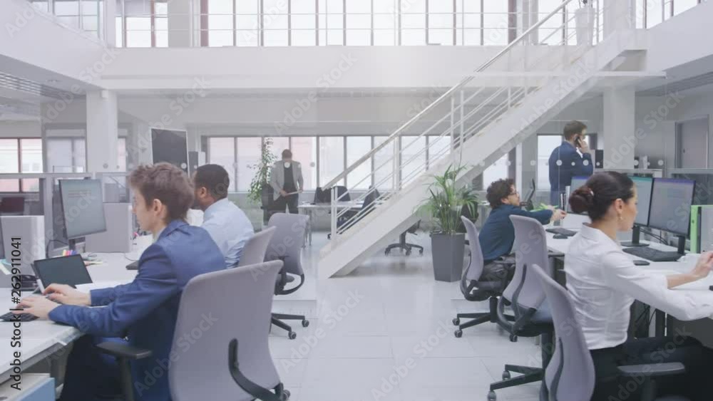 Poster in modern office: diverse team of managers and specialists work on computer, have discussion with co