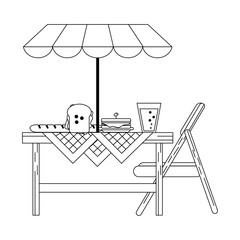 Picnic basket with food products black and white