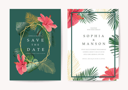 Wedding invitation,Thank You Card, rsvp, posters design collection with marble texture background,Geometric Shape,Gold and Tropical Leaves design - Vector