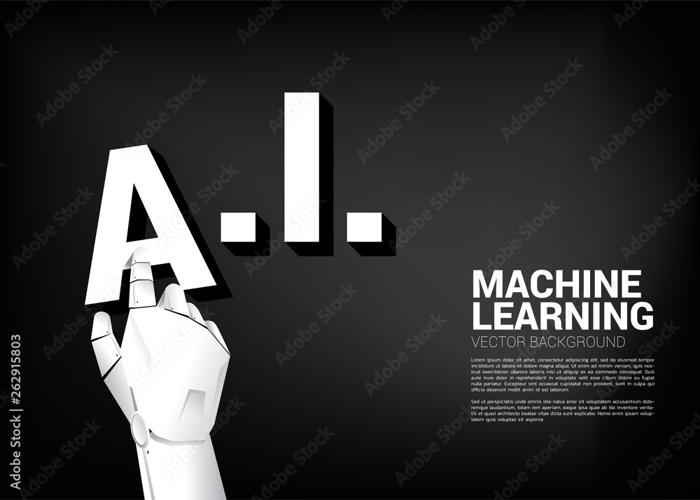 Poster Robot hand put A on AI word. Business concept for machine learning and a.i artificial intelligence