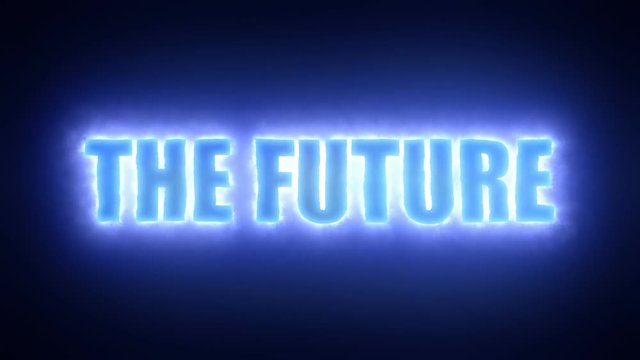 The text The Future, surrounded by an energetic cloud of electricity. Blue tones, black background.
