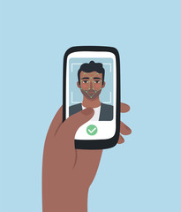 Face Recognition Technology on smartphone. African American man scanning his face to get access with Biometric identification Mobile app. Flat style, vector illustration.