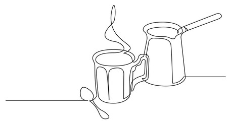 continuous line drawing of cup of hot coffee and traditional turkish jezva - obrazy, fototapety, plakaty