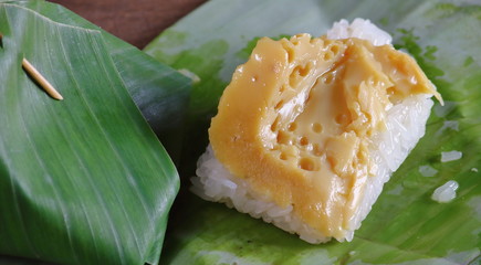 Sticky rice with steamed custard in thai food
