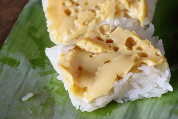 Sticky rice with steamed custard in thai food