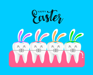 Obraz premium Teeth with braces and rabbit ear. Orthodontic braces in Easter concept. Vector illustration isolated on blue background.
