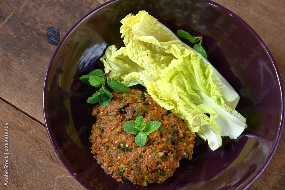 Poster spicy minced catfish with herb delicious on thai food