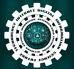 Technology relative words on the mechanism of gears. Concept in industrial design. 3D rendering. Connected symbols for digital, interactive and global communication concept. Human and robot teamwork