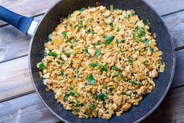 Preparing Ground meat. Chicken , Beef or Turkey Mince stir fry in frying pan on wood background.