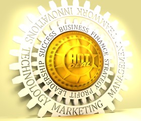 Stamp icon. Graphic design elements. 3D rendering. Hot deal text. Golden metallic material. Business relative words on the gear