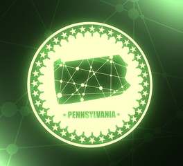 Obraz premium Image relative to USA travel. Pennsylvania state map textured by lines and dots pattern. Stamp in the shape of a circle. 3D rendering. Neon bulb illumination