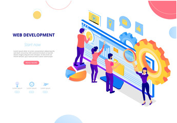 Web development. Landing page or homepage template with computer and people creating website.