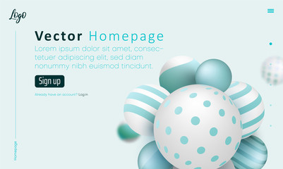 Green web homepage template with icons and 3d balls pattern.
