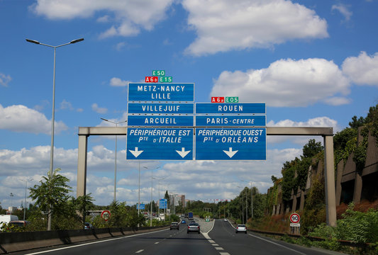 road signs of the French highway that reaches Paris and other ci