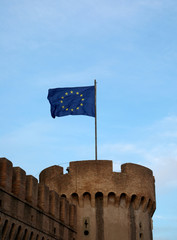 flag of the European Union flies over Saint Angel Castle in Rome