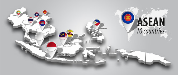 ASEAN and membership flag on 3D map Southeast asia perspective view and GPS navigator pin on gray color gradient background . Vector . © stockdevil
