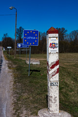 Ezere, Latvia The border sign between Latvia and Lithuania