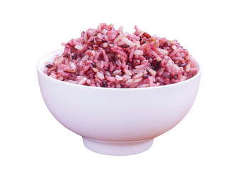 A white bowl of cooked red rice isolated on white background with clipping path. cooked red rice. organic food. .