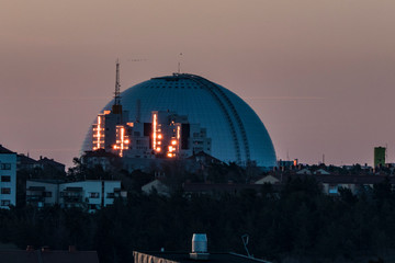 Stockholm, Sweden The Ericsson Globe arean at dawn.