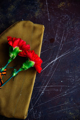 background for postcards by may 9, victory day: cap, letters, carnations and St. George ribbon