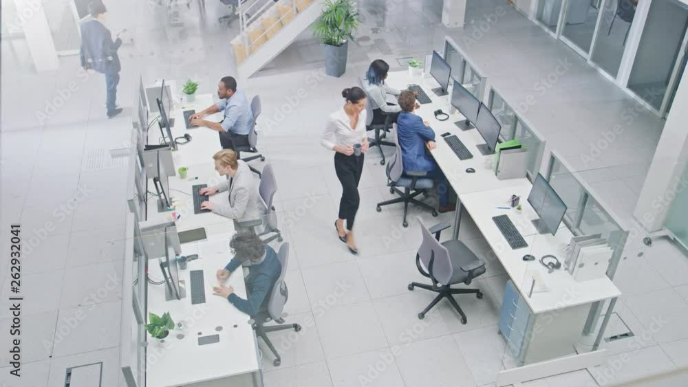 Poster diverse multinational team of business managers and specialists work on desktop computers, have disc
