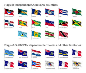 Wavy flags of independent Caribbean countries and dependent territories. Officially recognized flag of state on flagpole. Realistic national and political identity. Patriotic vector illustration.