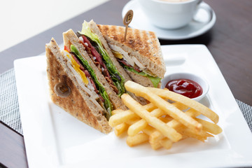 Sandwich with french fries and tomato sauce