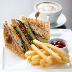 Sandwich with french fries and tomato sauce