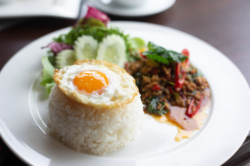 Minced pork basil rice Fried egg. Popular Thai food