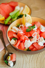 Summer light salad of watermelon, lime, mint and cheese