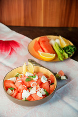 Summer light salad of watermelon, lime, mint and cheese