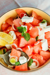 Summer light salad of watermelon, lime, mint and cheese