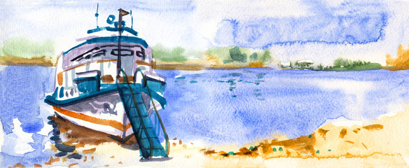 A motor ship on the river or at sea. Russia. Watercolor sketch.